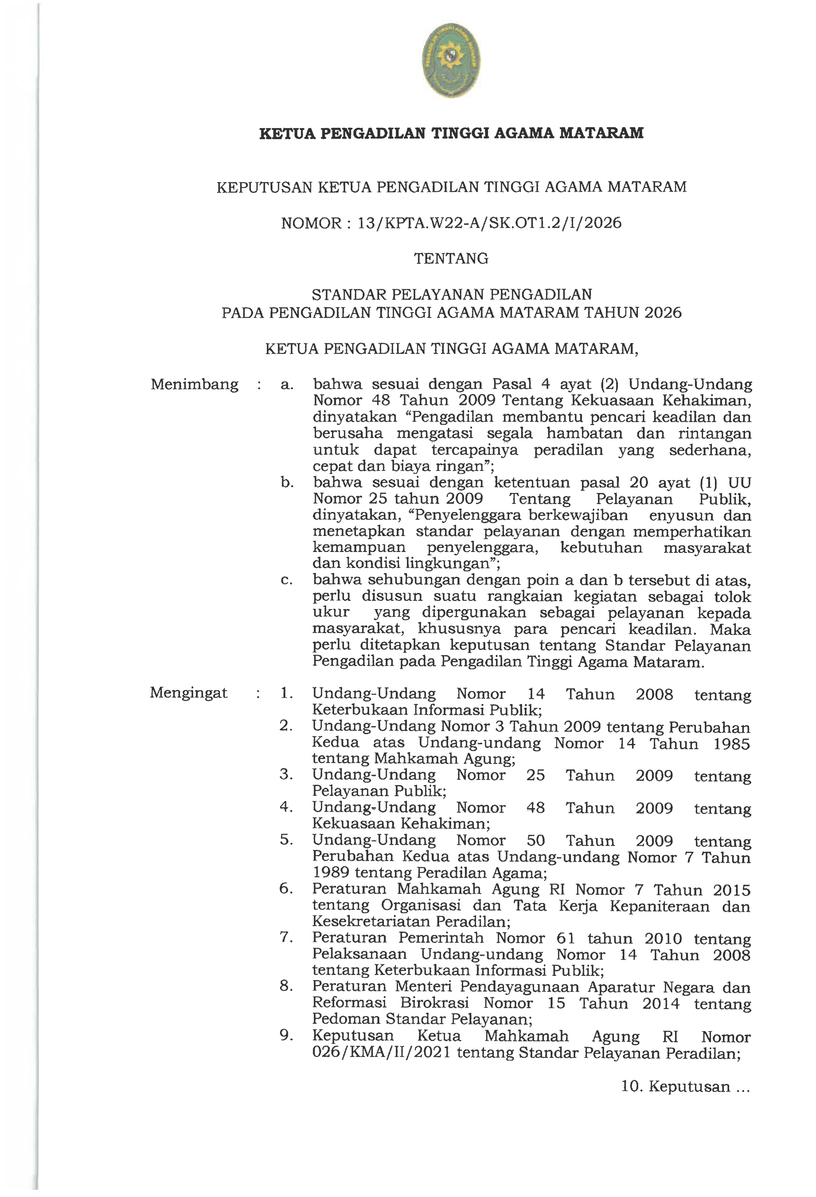 6 SK Standar Pelayanan Peradilan 2026